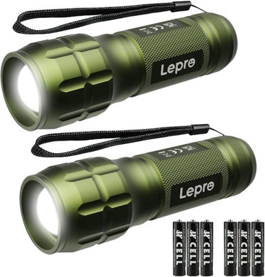 Lepro LE LED Torch Battery Powered, Zoomable, Water Resistant, Lightweight Hand Flashlight for Power Cut, Gift, Green, 2 Packs