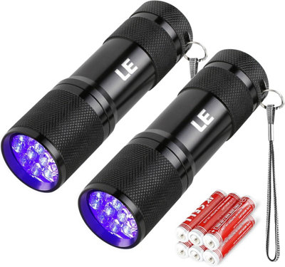 Lepro LE UV Torch, 9 LED 395nm Ultraviolet Flashlight, Blacklight Detector for Pet Stain, Bugs and More, 6 AAA Batteries Included