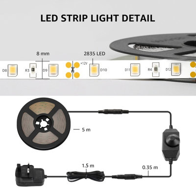 Lepro LED Strip Light 5M Kit, Warm White 3000K, 1650lm, 60 LEDs/M ...