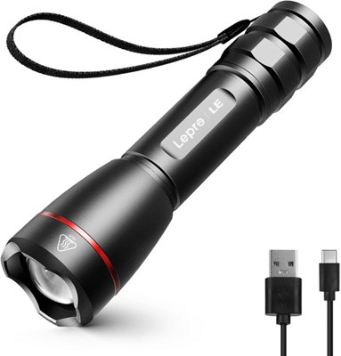 Lepro LED Torch Rechargeable, 15000 Lux Super Bright Adjustable Focus Flashlight, Long Battery Life, 5 Modes, IPX4 Waterproof