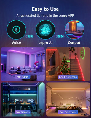 Lepro SE1 AI Smart LED Strip Light 15M RGB, App & Voice Control, Works with Alexa and Google Assistant, Music Sync