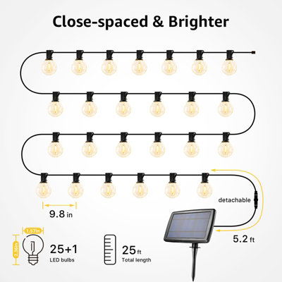 Lepro Solar Festoon Lights Outdoor, 25ft 25 Small G40 LED Bulb String Lights, 4 Modes, USB Rechargeable, Waterproof, Dusk to Dawn