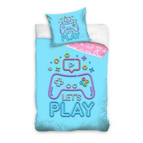 Let's Play Game Single Size 100% Cotton Reversible Duvet Cover and Pillowcase Set