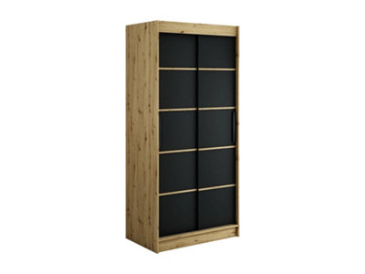 Leto Contemporary 2 Sliding Door Wardrobe 5 Shelves 2 Rails Black Matt and Oak Artisan Effect (H)2000mm (W)1000mm (D)620mm