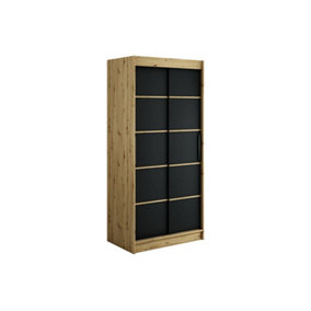 Leto Contemporary 2 Sliding Door Wardrobe 5 Shelves 2 Rails Black Matt and Oak Artisan Effect (H)2000mm (W)1000mm (D)620mm