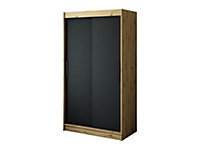 Leto T Contemporary 2 Sliding Door Wardrobe 5 Shelves 2 Rails Black Matt and Oak Artisan Effect (H)2000mm (W)1200mm (D)620mm