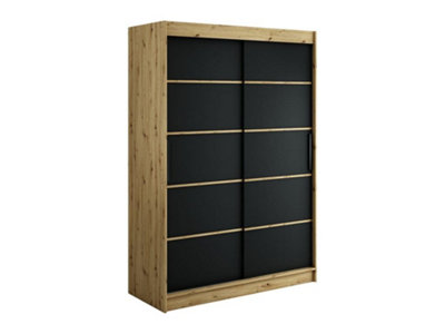 Leto T Contemporary 2 Sliding Door Wardrobe 5 Shelves 2 Rails Black Matt and Oak Artisan Effect (H)2000mm (W)1500mm (D)620mm