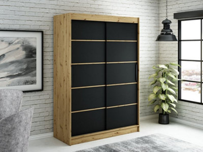 Leto T Contemporary 2 Sliding Door Wardrobe 5 Shelves 2 Rails Black Matt and Oak Artisan Effect (H)2000mm (W)1500mm (D)620mm