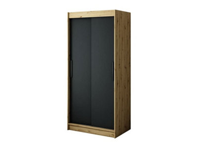 Leto T Contemporary 2 Sliding Door Wardrobe 5 Shelves 2 Rails Black Matt and Oak Effect (H)2000mm (W)1000mm (D)620mm