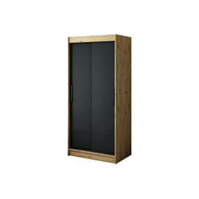 Leto T Contemporary 2 Sliding Door Wardrobe 5 Shelves 2 Rails Black Matt and Oak Effect (H)2000mm (W)1000mm (D)620mm