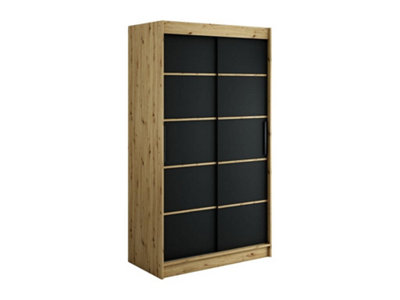 Leto T Contemporary 2 Sliding Door Wardrobe 5 Shelves 2 Rails Black Matt and Oak Effect (H)2000mm (W)1200mm (D)620mm