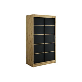 Leto T Contemporary 2 Sliding Door Wardrobe 5 Shelves 2 Rails Black Matt and Oak Effect (H)2000mm (W)1200mm (D)620mm