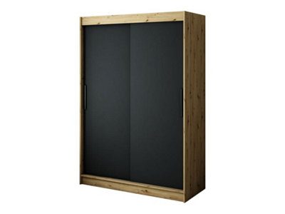 Leto T Contemporary 2 Sliding Door Wardrobe 5 Shelves 2 Rails Black Matt and Oak Effect (H)2000mm (W)1500mm (D)620mm