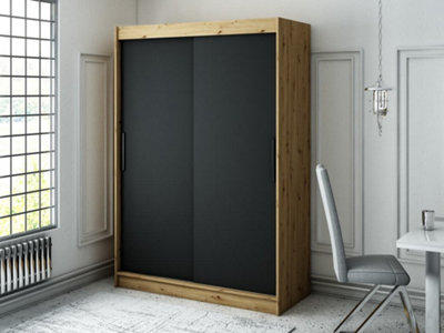 Leto T Contemporary 2 Sliding Door Wardrobe 5 Shelves 2 Rails Black Matt and Oak Effect (H)2000mm (W)1500mm (D)620mm