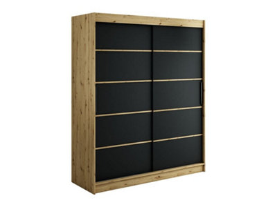 Leto T Contemporary 2 Sliding Door Wardrobe 9 Shelves 2 Rails Black Matt and Oak Artisan Effect (H)2000mm (W)1800mm (D)620mm