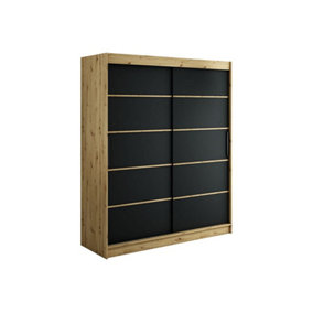 Leto T Contemporary 2 Sliding Door Wardrobe 9 Shelves 2 Rails Black Matt and Oak Artisan Effect (H)2000mm (W)1800mm (D)620mm