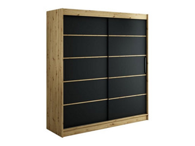 Leto T Contemporary 2 Sliding Door Wardrobe 9 Shelves 2 Rails Black Matt and Oak Artisan Effect H2000mm W2000mm D620mm