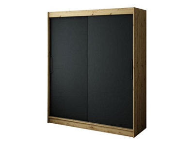 Leto T Contemporary 2 Sliding Door Wardrobe 9 Shelves 2 Rails Black Matt and Oak Effect (H)2000mm (W)1800mm (D)620mm