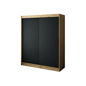 Leto T Contemporary 2 Sliding Door Wardrobe 9 Shelves 2 Rails Black Matt and Oak Effect (H)2000mm (W)1800mm (D)620mm