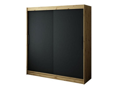 Leto T Contemporary 2 Sliding Door Wardrobe 9 Shelves 2 Rails Black Matt and Oak Effect (H)2000mm (W)2000mm (D)620mm