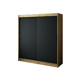 Leto T Contemporary 2 Sliding Door Wardrobe 9 Shelves 2 Rails Black Matt and Oak Effect (H)2000mm (W)2000mm (D)620mm