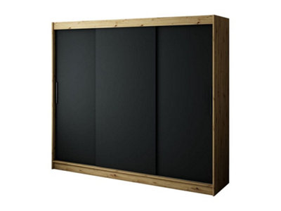 Leto T Contemporary 3 Sliding Door Wardrobe 9 Shelves 2 Rails Black Matt and Oak Effect (H)2000mm (W)2500mm (D)620mm