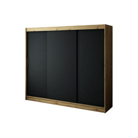 Leto T Contemporary 3 Sliding Door Wardrobe 9 Shelves 2 Rails Black Matt and Oak Effect (H)2000mm (W)2500mm (D)620mm