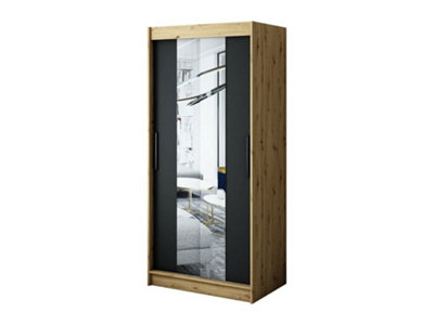 Leto T1 Contemporary 2 Sliding Mirror Door Wardrobe 5 Shelves 2 Rails Black Matt and Oak Effect (H)2000mm (W)1000mm (D)620mm