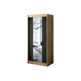Leto T1 Contemporary 2 Sliding Mirror Door Wardrobe 5 Shelves 2 Rails Black Matt and Oak Effect (H)2000mm (W)1000mm (D)620mm