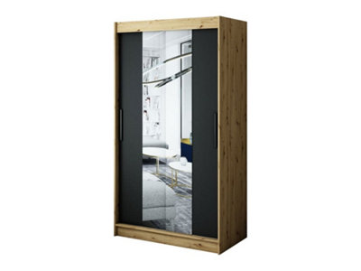 Leto T1 Contemporary 2 Sliding Mirror Door Wardrobe 5 Shelves 2 Rails Black Matt and Oak Effect (H)2000mm (W)1200mm (D)620mm