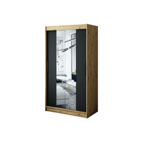Leto T1 Contemporary 2 Sliding Mirror Door Wardrobe 5 Shelves 2 Rails Black Matt and Oak Effect (H)2000mm (W)1200mm (D)620mm
