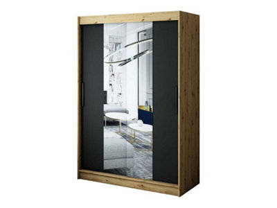 Leto T1 Contemporary 2 Sliding Mirror Door Wardrobe 5 Shelves 2 Rails Black Matt and Oak Effect (H)2000mm (W)1500mm (D)620mm