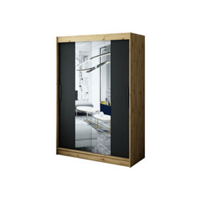 Leto T1 Contemporary 2 Sliding Mirror Door Wardrobe 5 Shelves 2 Rails Black Matt and Oak Effect (H)2000mm (W)1500mm (D)620mm