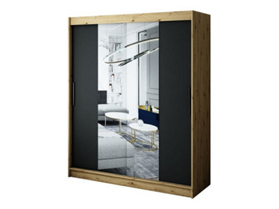 Leto T1 Contemporary 2 Sliding Mirror Door Wardrobe 9 Shelves 2 Rails Black Matt and Oak Effect (H)2000mm (W)1800mm (D)620mm