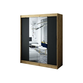Leto T1 Contemporary 2 Sliding Mirror Door Wardrobe 9 Shelves 2 Rails Black Matt and Oak Effect (H)2000mm (W)1800mm (D)620mm