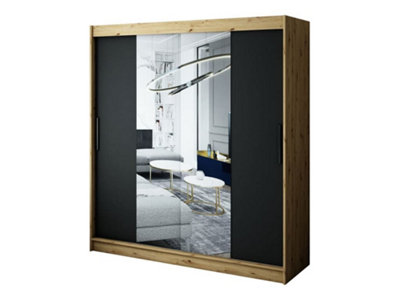 Leto T1 Contemporary 2 Sliding Mirror Door Wardrobe 9 Shelves 2 Rails Black Matt and Oak Effect (H)2000mm (W)2000mm (D)620mm