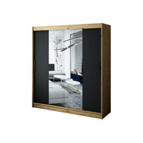 Leto T1 Contemporary 2 Sliding Mirror Door Wardrobe 9 Shelves 2 Rails Black Matt and Oak Effect (H)2000mm (W)2000mm (D)620mm