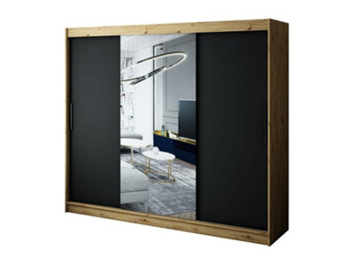 Leto T1 Contemporary 2 Sliding Mirror Door Wardrobe 9 Shelves 2 Rails Black Matt and Oak Effect (H)2000mm (W)2500mm (D)620mm