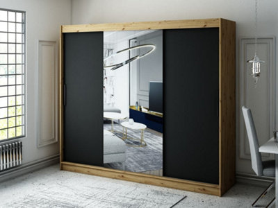 Leto T1 Contemporary 2 Sliding Mirror Door Wardrobe 9 Shelves 2 Rails Black Matt and Oak Effect (H)2000mm (W)2500mm (D)620mm