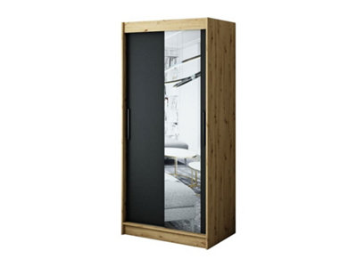 Leto T2 Contemporary 2 Sliding Mirror Door Wardrobe 5 Shelves 2 Rails Black Matt and Oak Effect (H)2000mm (W)1000mm (D)620mm