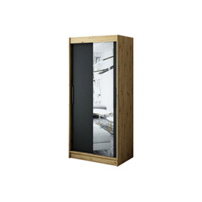 Leto T2 Contemporary 2 Sliding Mirror Door Wardrobe 5 Shelves 2 Rails Black Matt and Oak Effect (H)2000mm (W)1000mm (D)620mm