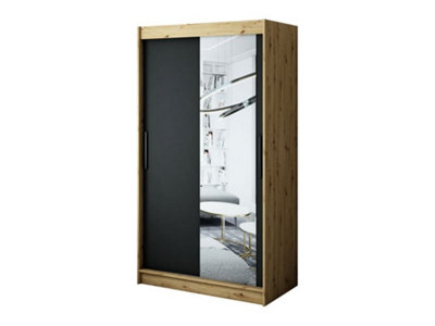 Leto T2 Contemporary 2 Sliding Mirror Door Wardrobe 5 Shelves 2 Rails Black Matt and Oak Effect (H)2000mm (W)1200mm (D)620mm