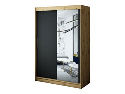 Leto T2 Contemporary 2 Sliding Mirror Door Wardrobe 5 Shelves 2 Rails Black Matt and Oak Effect (H)2000mm (W)1500mm (D)620mm