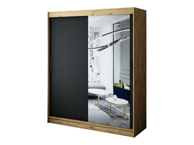 Leto T2 Contemporary 2 Sliding Mirror Door Wardrobe 9 Shelves 2 Rails Black Matt and Oak Effect (H)2000mm (W)1800mm (D)620mm