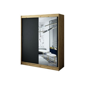 Leto T2 Contemporary 2 Sliding Mirror Door Wardrobe 9 Shelves 2 Rails Black Matt and Oak Effect (H)2000mm (W)1800mm (D)620mm