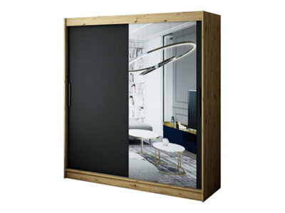 Leto T2 Contemporary 2 Sliding Mirror Door Wardrobe 9 Shelves 2 Rails Black Matt and Oak Effect (H)2000mm (W)2000mm (D)620mm