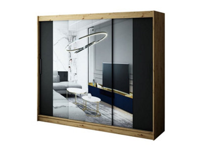 Leto T2 Contemporary 2 Sliding Mirror Door Wardrobe 9 Shelves 2 Rails Black Matt and Oak Effect (H)2000mm (W)2500mm (D)620mm