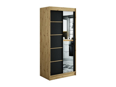 Leto V2 Contemporary 2 Sliding Mirror Door Wardrobe 5 Shelves 2 Rails Black Matt and Oak Effect (H)2000mm (W)1000mm (D)620mm