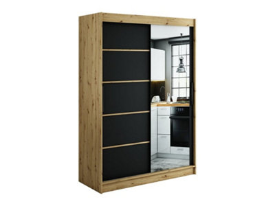 Leto V2 Contemporary 2 Sliding Mirror Door Wardrobe 5 Shelves 2 Rails Black Matt and Oak Effect (H)2000mm (W)1500mm (D)620mm