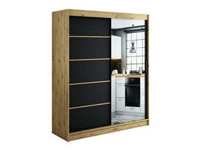 Leto V2 Contemporary 2 Sliding Mirror Door Wardrobe 9 Shelves 2 Rails Black Matt and Oak Effect (H)2000mm (W)1800mm (D)620mm